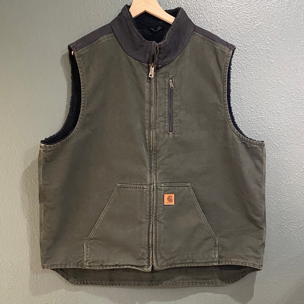 Carhartt 2XL Tall Green Black Vest with Pockets V33-355 - Sherpa lined, heavy